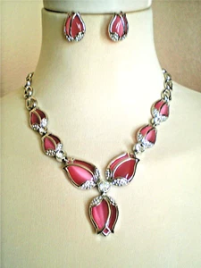 Silver Plated Hot Pink Moonstone Necklace and Matching Earring Set Floral Design - Picture 1 of 1
