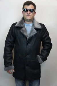 Men Black 100% Genuine Shearling Leather Sheepskin Coat Jacket Trench S-8XL NWT - Picture 1 of 10