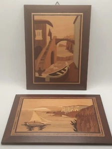 Set of 2 Vtg Wood Marquet Inlay Sail Boat Village Landscape picture art hanging - Picture 1 of 4