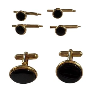 1990s Vintage Cufflinks and Shirt Studs Set Gold Tone Black Accents Formal Wear - Picture 1 of 10