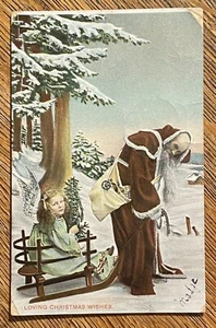 Antiguo Mundo SANTA Tira de ANGEL GIRL Trineo Antiguo De Colección 1907 ¡Foto Como Postal! - Imagen 1 de 3