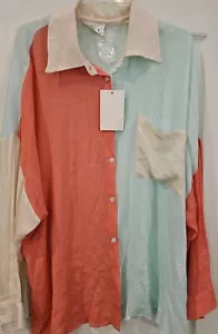 Andree by Unit, NWT, Womens 3x, Lightweight Button Up Top. Lt Blue, Creme, Coral - Picture 1 of 18