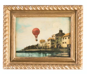 Montgolfière rouge - peinture originale sur cuivre - - Photo 1/1