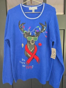 NEW Jolly Sweater M Blue Reindeer Party Ugly Sweater Christmas Holiday Pullover - Picture 1 of 11