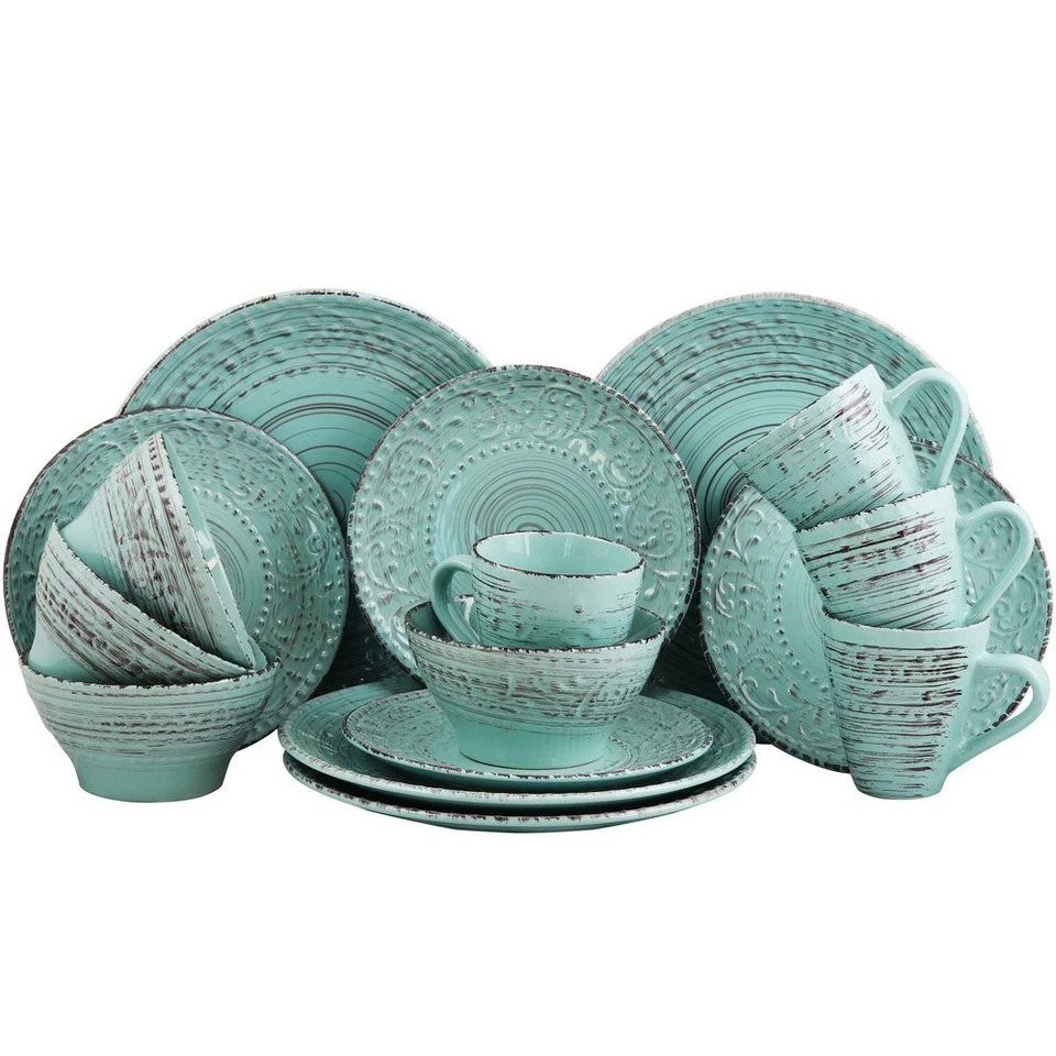 Elama Malibu Waves 16-piece Embossed Stoneware Dinnerware Set in Turquoise for 4