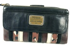 Fossil Long Live Vintage 1954 Wallet Clutch Leather Bifold Brown Beige Stripe