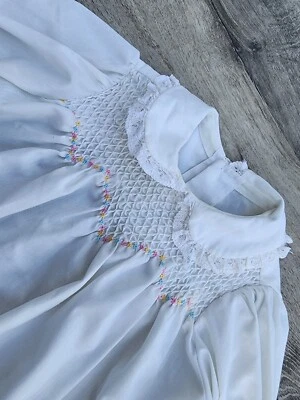 Adorable Vintage Baby Girl Smocked Pale White Cotton Peasant Top 1970s 6 Months - Image 1 of 4