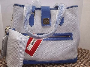 Neu mit Etikett Dooney and Bourke * blaues Kieselleder & beigefarbenes Canvas * Beuteltasche * Handtasche & Accessoire. - Bild 1 von 8