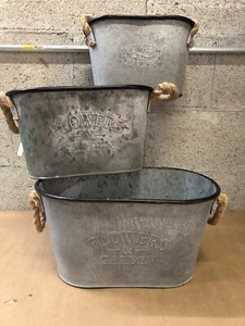 Ser Of 3 Galvanized Vases Flower Garden Rectangle Round Corners Cord Handles - Picture 1 of 3