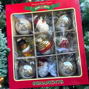 NEW Christopher Radko Shiny Brite Christmas Ornaments 9 pcs Santa Snowman Ball - Picture 1 of 6