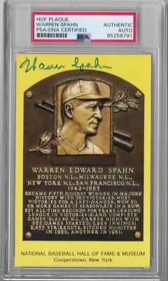 Warren Spahn, Milwaukee Braves  — Autographed HOF Yellow Plaque Card — PSA/DNA - Image 1 of 2