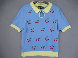 Hell Bunny Top Womens 2XL XXL Blue Yellow Ribbed Cherries Knit Button Collar - Picture 1 of 15
