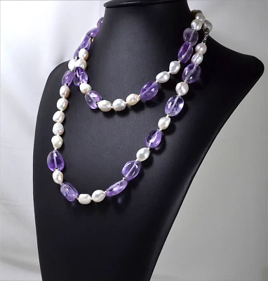 COLLANA  IN ARGENTO 925 CON PERLE BAROCCHE E SASSI AMETISTA LAVANDA    AGLN 0119 - Immagine 1 di 3