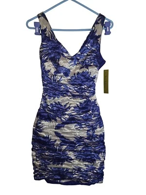 NWT Nicole Miller Gold Label Blue Cream Floral Ruched Cocktail Dress $455 - Image 1 of 4