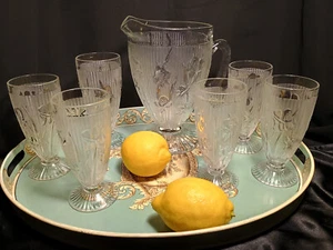 Vintage Jeanette IRIS Glas Limonade Eistee Krug & 6 Fuß Gläser Set - Bild 1 von 18
