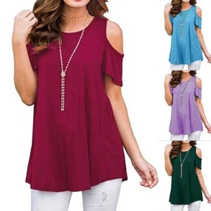 Plus Size Women Cold Shoulder Tops Tee Ladies Casual Short Sleeve Blouse T-Shirt - Picture 1 of 18