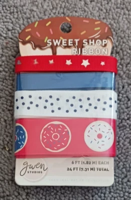 GWEN STUDIOS Sweet Shop Ribbon Patriotic Stars Dots Donuts 24 Total Feet - Image 1 of 2