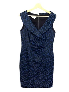 Kay Unger Blue Black Leopard Cap Sleeveless V-Neck Women's Midi Dress Size 10 - Bild 1 von 8