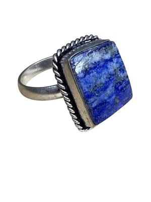 Sterling Silver Lapis Lazuli Ring Size 9 Square Blue Gemstone Boho Vintage Style - Image 1 of 4