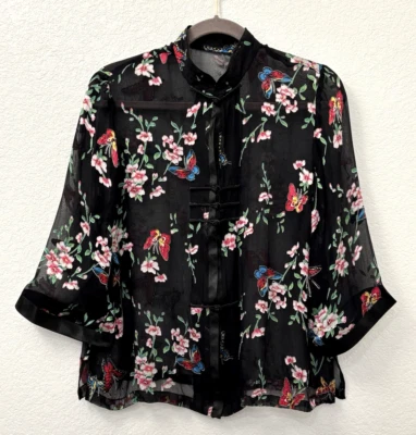 Top de gasa delicada transparente con estampado floral de mariposa Burnout de seda para mujer mediano Foto 1 de 4