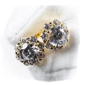 Men's Large Flower Set Gold Plated 925 Sterling Silver Iced Cz Cluster Earrings - Picture 1 of 6