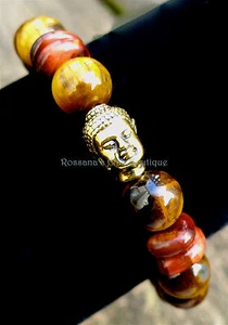 Gold and red tigers eye Gemstone Bracelet with Buddha Charm, Protection and - Picture 1 of 8