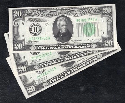 (3) CONSECUTIVE FR. 2054-H 1934 $20 FRN’S ST. LOUIS, MO GEM UNCIRCULATED - Image 1 of 2