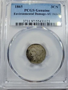 1865 THREE CENT NICKEL PCGS GENUINE AU DETAIL Environmental Damage  - Picture 1 of 4