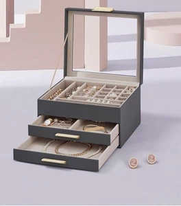 Joyero Organizador con Tapa de Cristal, Color Gris (Nuevo) - Imagen 1 de 8