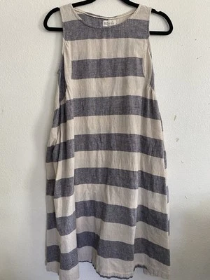 Vestido Algodón Lino Lagenlook M Beige Avena Azul Cambio Gran Tamaño Boho Marinero Foto 1 de 4