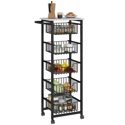 HOMCOM 5-Tier Kitchen Island on Wheels with 5 Pull-Out Baskets, Light Grey - Image 1 of 4