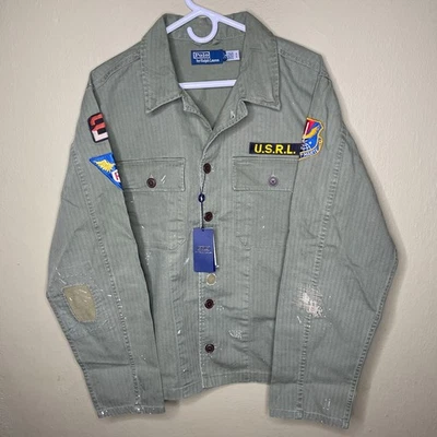 Polo Ralph Lauren Herringbone Size Medium Shirt Jacket Distressed Green Patches - Image 1 of 4