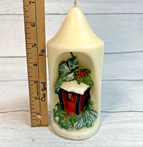 Vela Pilar Navidad Vintage 6.5" Inserto Pintado Linterna Acebo Verde - Imagen 1 de 4