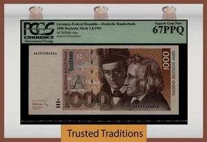 TT PK 44a 1991 GERMANY FEDERAL REPUBLIC 1000 DEUTSCHE MARK PCGS 67 PPQ SUPERB - Picture 1 of 2