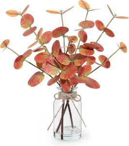 Fall Fake Eucalyptus Stems in Glass Vase with Faux Water 14" Fake Fall Plants - Picture 1 of 12