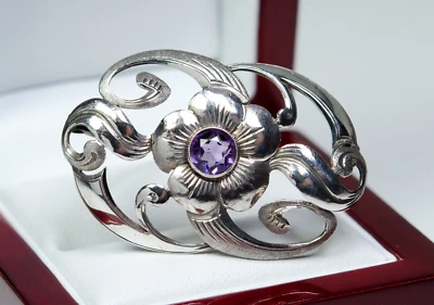 835 Argento - Antico Stile Liberty Spilla - Naturale Ametista - Immagine 1 di 4
