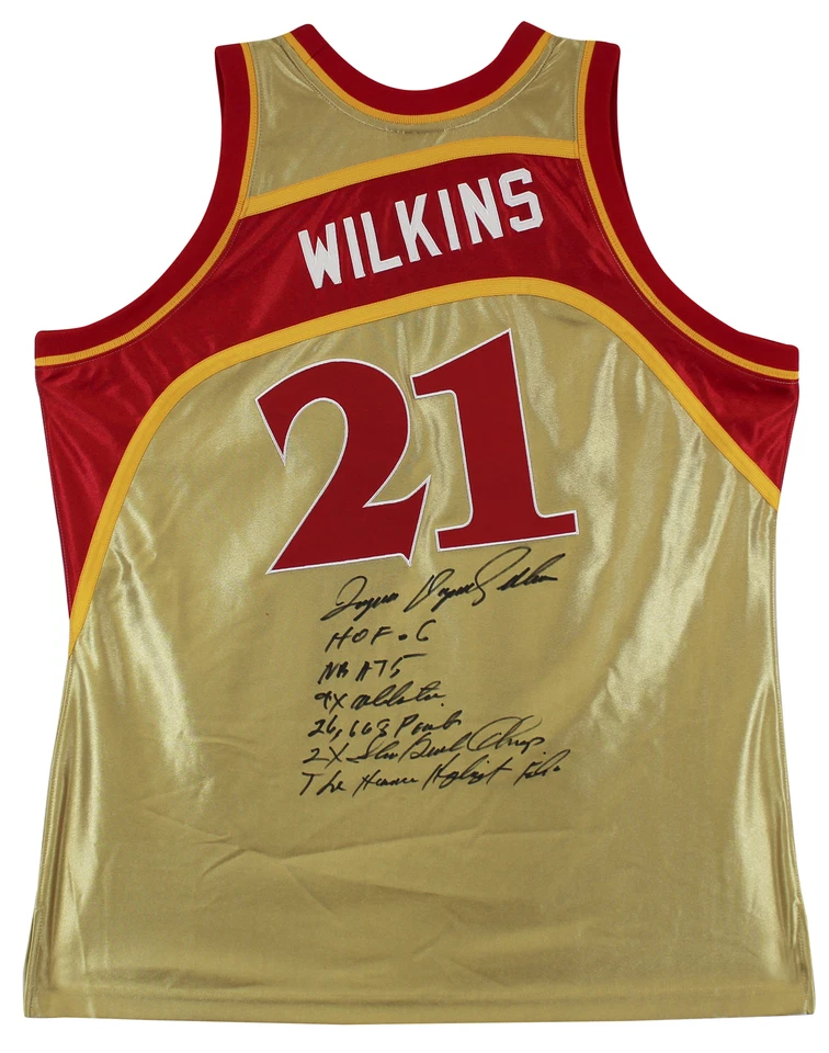 Hawks Dominique Wilkins "Stat" Signed Gold M&N 75th HWC Swingman Jersey BAS Wit - Image 1 of 4