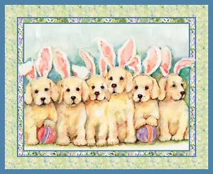 Easter Dog Puppy Bunnies Cotton Fabric Panel Susan Winget Springs 35" x 45" - Picture 1 of 1