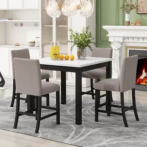 5Pieces Counter Height Dining Set Faux Marble Top Dining Table 4x Velvet Chairs - Picture 1 of 14