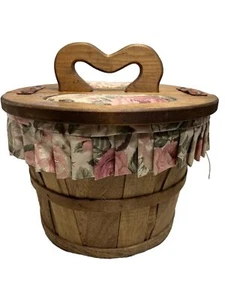VTG Sewing Picnic Basket Apple Bushel Double Hinged Lid Wood Hearts Arkansas - Picture 1 of 13