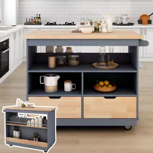 Rolling Two-sided Kitchen Cart w Wood Top, 2 Drawers & 3 Compartments, Grey Blue - Picture 1 of 24