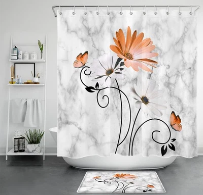 Abstract Marble Butterfly Orange Floral Shower Curtain Set for Bathroom Decor - Image 1 of 4