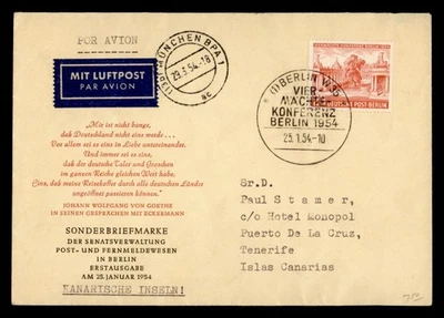 DR WHO 1954 GERMANY BERLIN CONFERENCE SLOGAN CANCEL TO SPAIN CANARY IS M55803 - Image 1 of 2