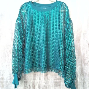 Anthropologie PILCRO Sequin Mesh Long Sleeved Top Women's Large Juniper Green - Picture 1 of 10
