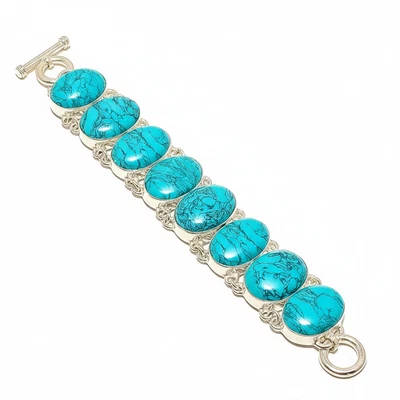 Attractive Turquoise Gemstone Chain Bracelet 925 Sterling Silver For Women - Image 1 of 4