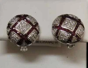 vintage Style Diamond and Ruby Earrings/18 KWG Genuine Ruby Clip on Earrings - Picture 1 of 5