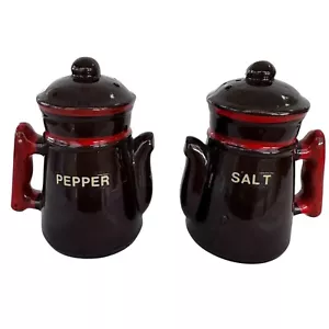 Vintage Coffee Pot Ceramic Salt and Pepper Shakers, Brown and Red, Made in Japan - Picture 1 of 12