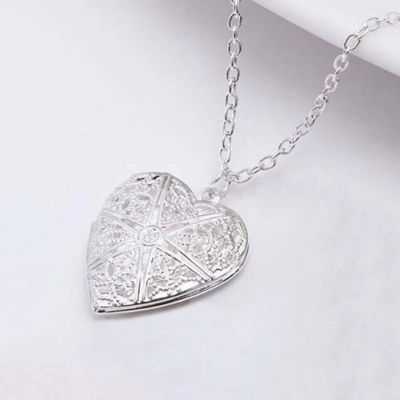 Collar colgante medallón foto corazón plata esterlina 925 18" con paquete de regalo gratis D196 Foto 1 de 4