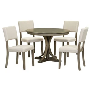 5-Piece Retro Round Dining Table Set Wooden Table and 4 Upholstered Chairs Taupe - Picture 1 of 8