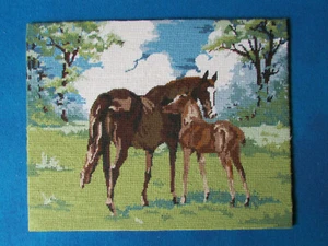 Vintage Completed Cross Stitch - Horse and Foal - Approx 22" x 17" - Mounted - Picture 1 of 3